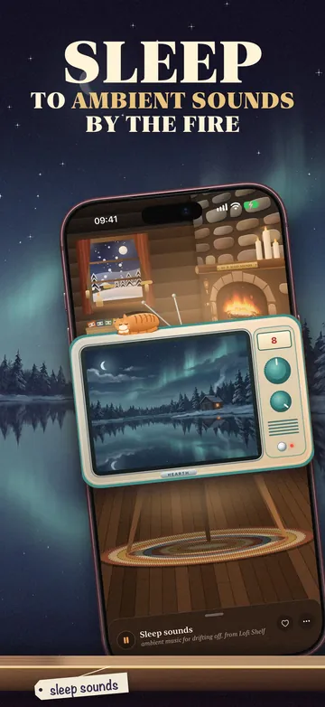 Sleep to ambient sounds by the fire. The Fireside TV in a log cabin with a sleeping cat.